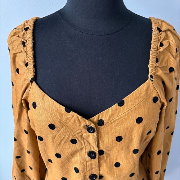 Madewell Corduroy Polka Dot Puff Sleeve Button-Up Top in Caramel Size 6 - Picture 2 of 9